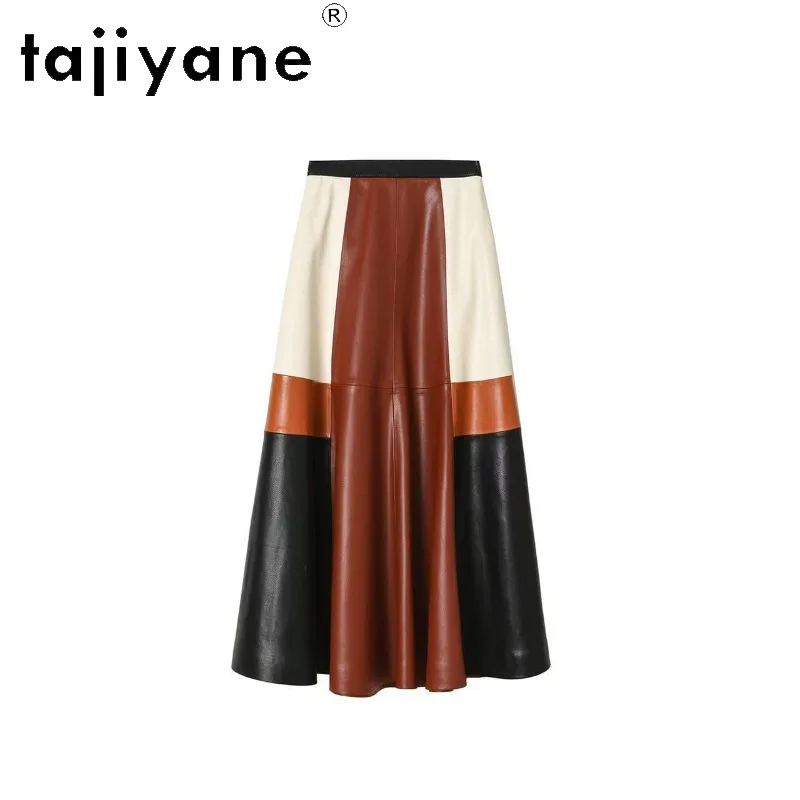 TAJIYANE Genuine Leather Skirt Sheepskin Women's Skirts Vintage Color Block Swing Maxi Skirt Spring Autumn Skirts 2026 Woman 스커트