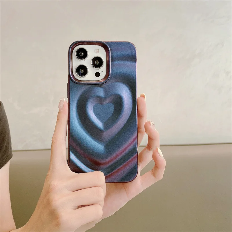 Korean Candy Color Plating Wave Love Heart Glitter Phone Case For iPhone 17 16e 15 14 13 12 Pro Max Shockproof Protective Cover