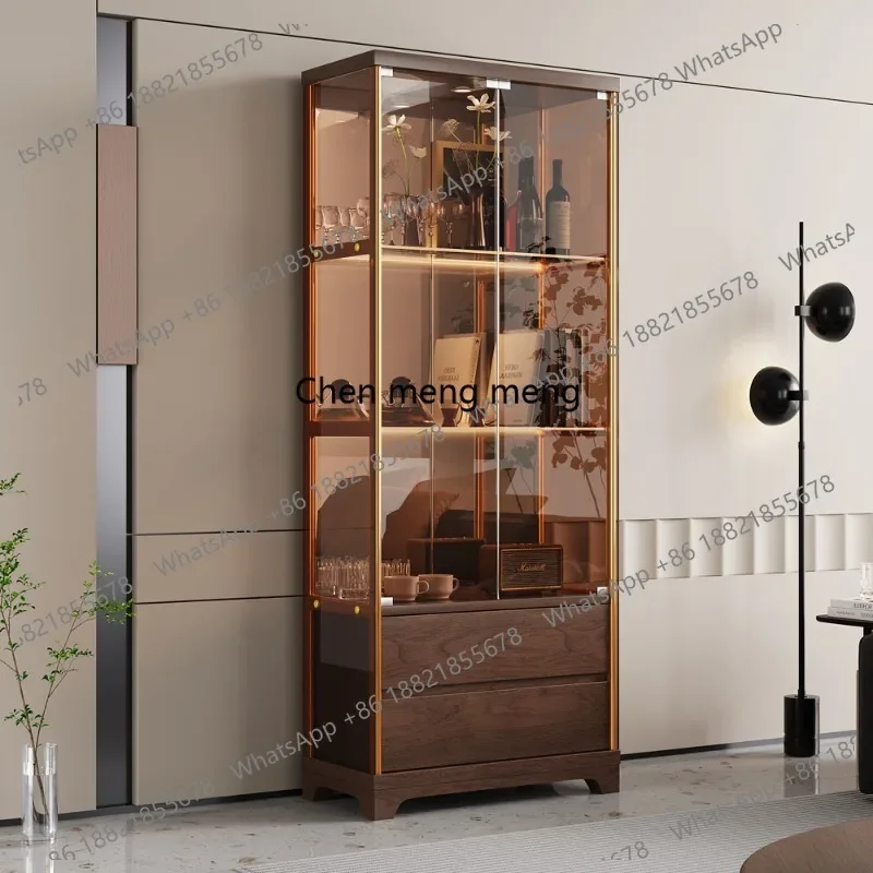 

Solid wood walnut wine cabinet Living room display cabinet Double open glass door Decorative cabinet with lock