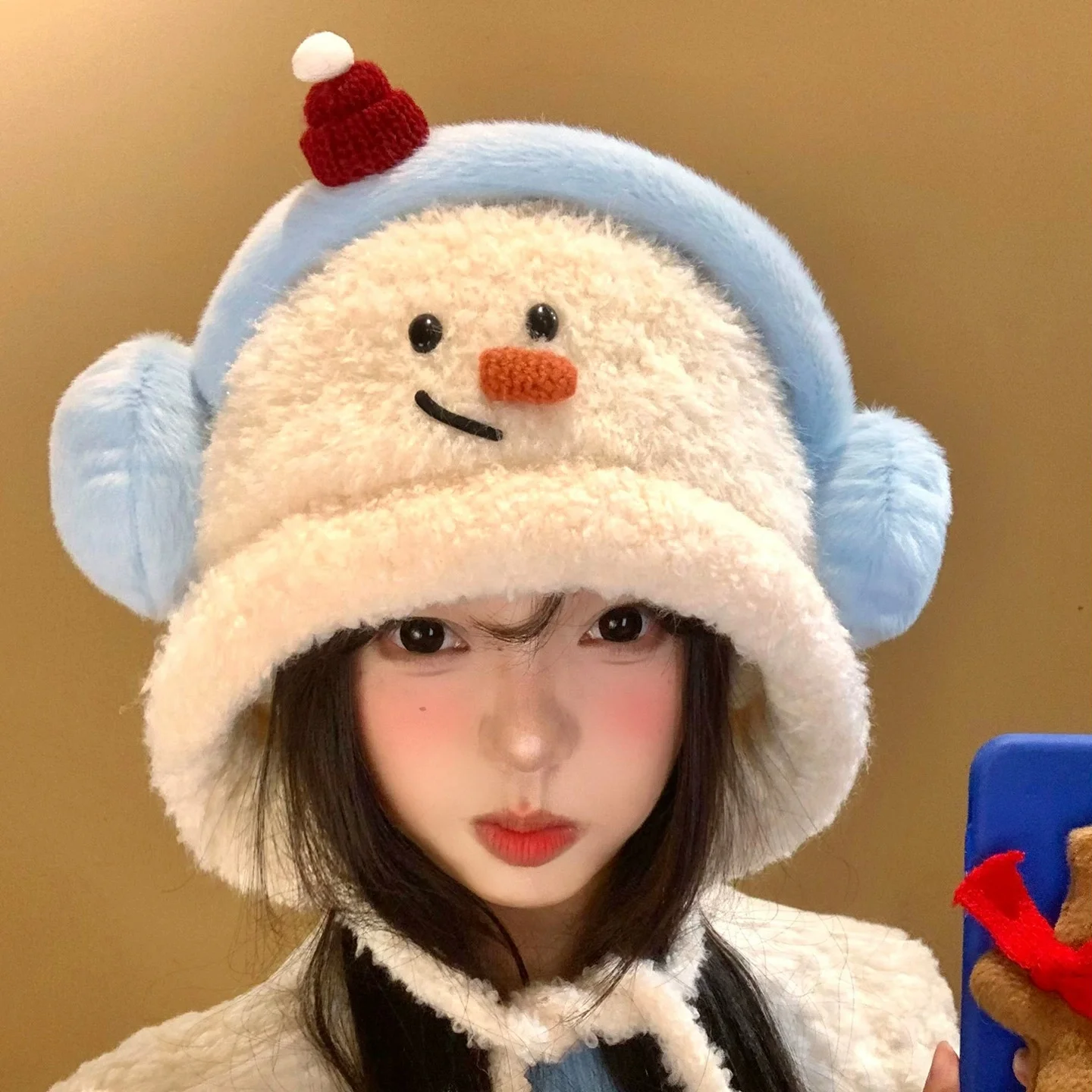 Cute Plush Snowman Earflap Knit Hat Cartoon Chick Knitted Beanie Autumn/Winter Sweet Versatile Warm Ear-Covering Hat