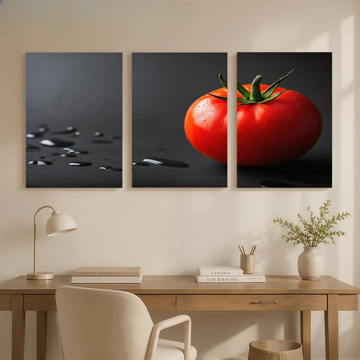 Frameless canvas 2D 3pcs Canvas Art Wall Hanging- A red tomato with water drops. Suitable for Decorating Offices, Dining Room