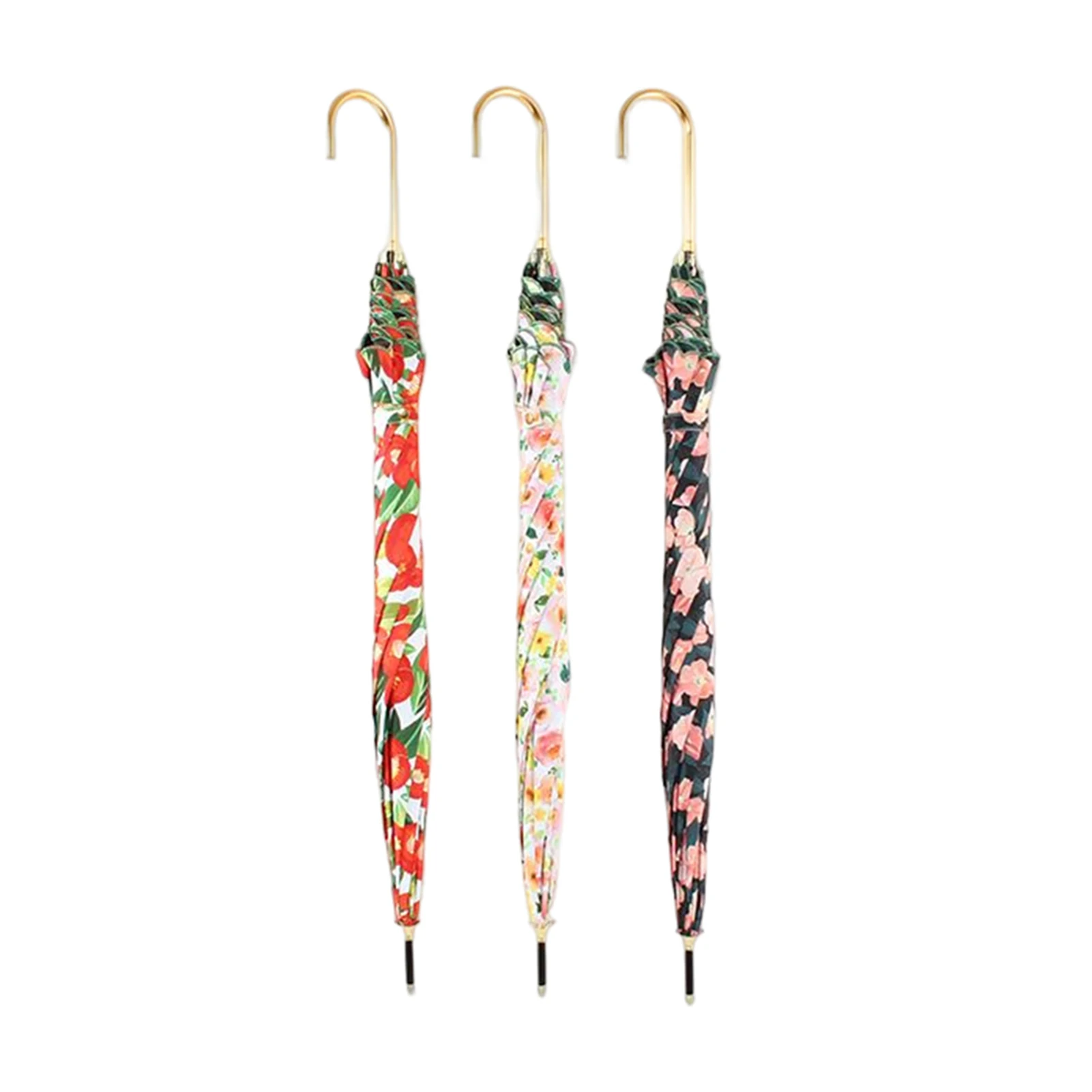 Ladies Floral Umbrellas Strong Windproof Fresh-style Large Umbrellas Outdoor UV Sun Protection Umbrella Long Handle J Hook