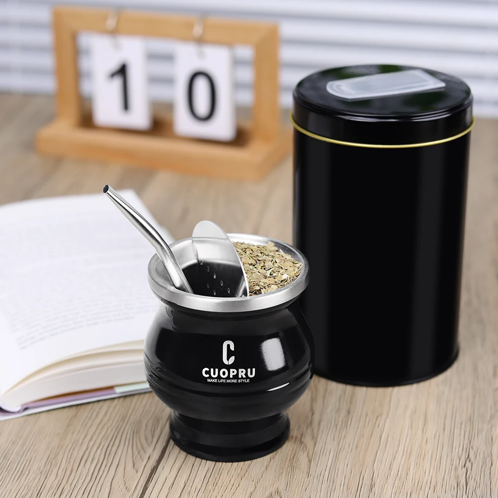 6 in 1 Yerba Mate Cup Set, Include Double-Wall Stainless Steel Mate Gourd, Tea Shaper set, Bombilla Straws, Brush, and Tea Cans