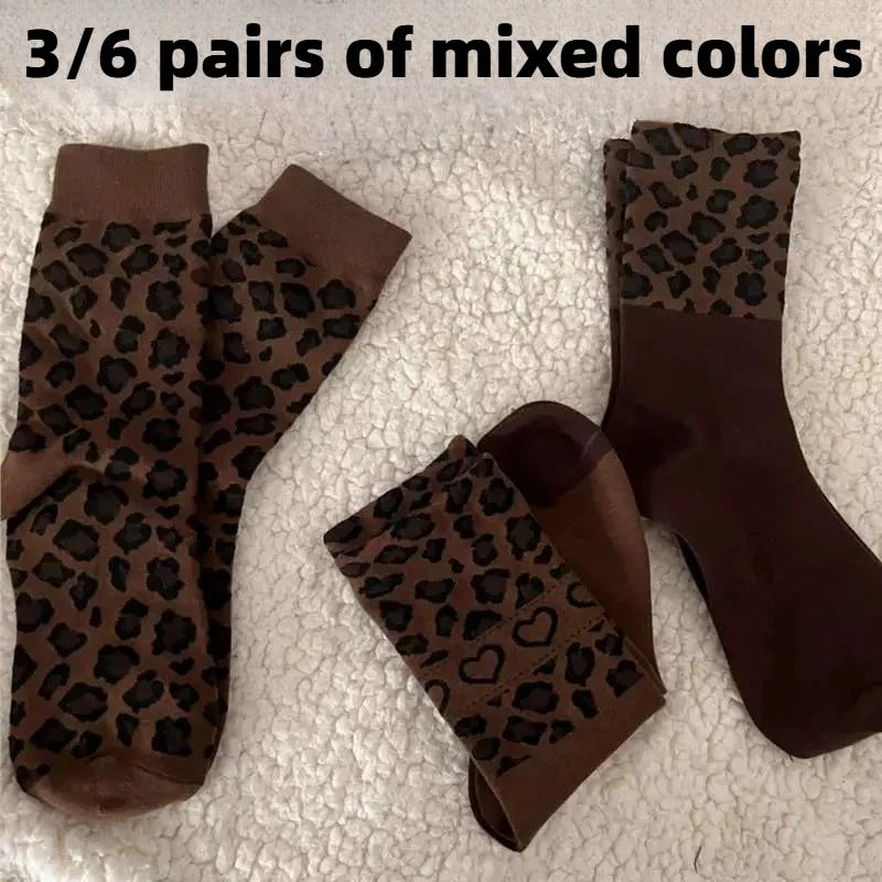 3/6 pairs of mid tube leopard print women's fashionable design socks, coffee colored, breathable and soft.