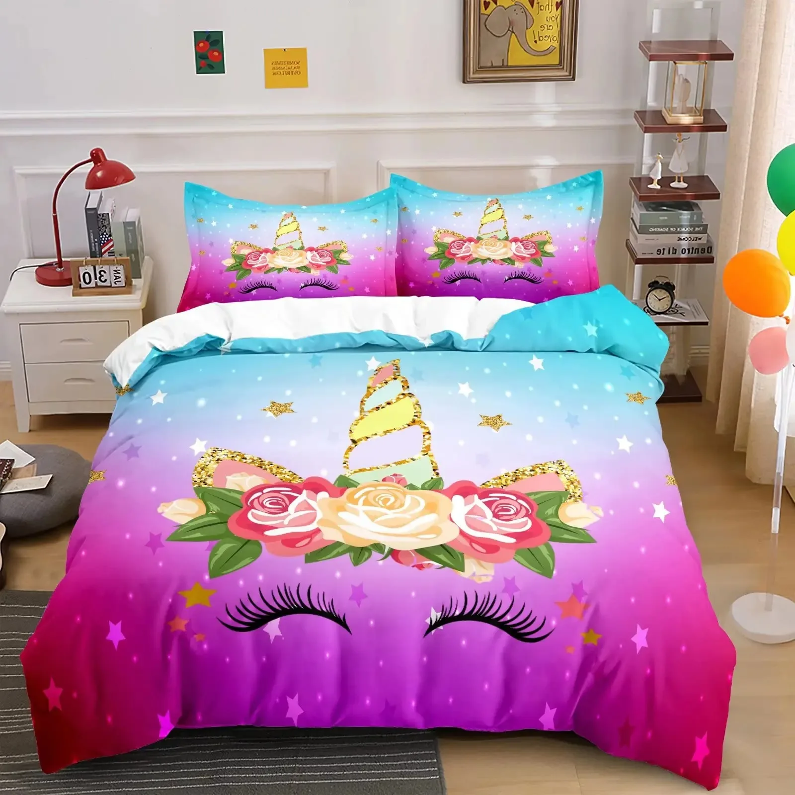 

Unicorn Duvet Cover Set Cartoon Animal Galaxy Star Floral Bedding Set For Kids Girls Polyester Romantic Theme Comforter Cover