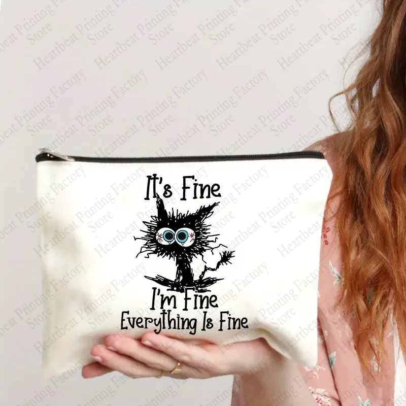 Im Fine Everything Is Fine Pattern Cosmetic Bag Funny Cat Toiletry Bag Portable Travel Storage Bag Perfect Gift for Cat Lovers