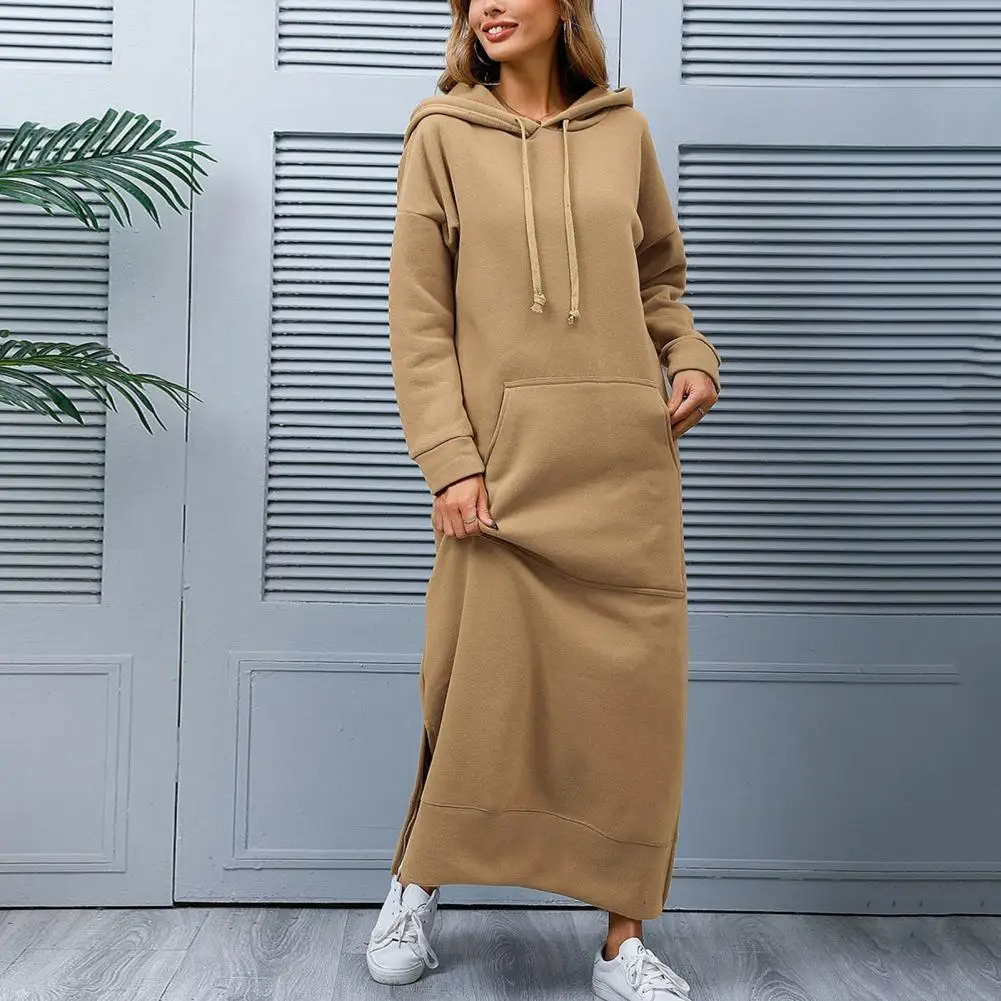 

Women Autumn Winter Sweatshirt Dress Hooded Drawstring Long Sleeve Hoodie Dress Front Pocket Side Split Maxi Dress