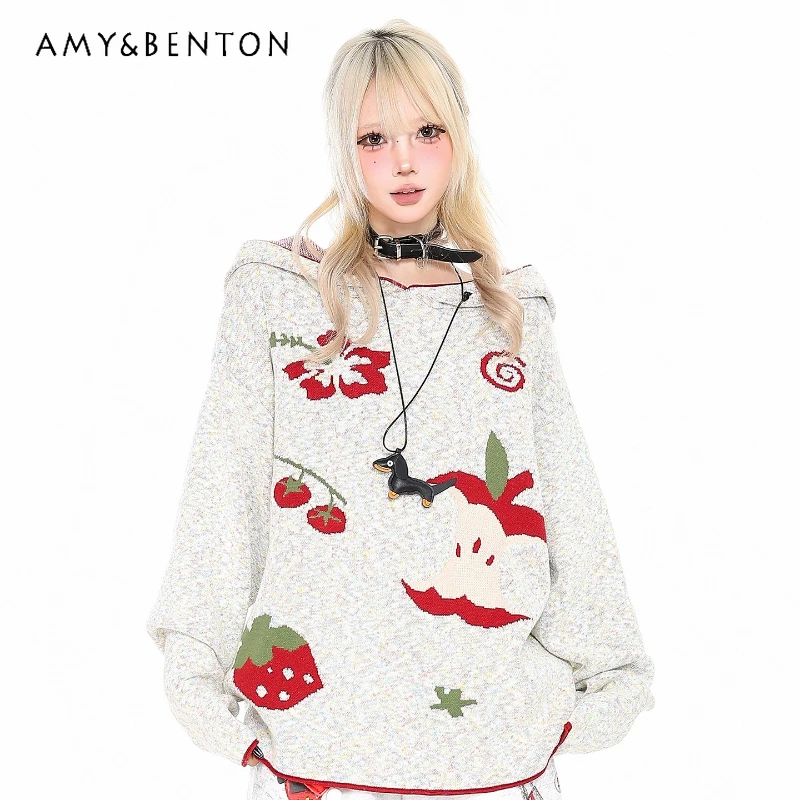 

Осенний новый забавный женский свитер с капюшоном и фруктовым принтом, оригинальный дизайн, повседневный свободный универсальный вязаный пуловер в японском стиле, женский