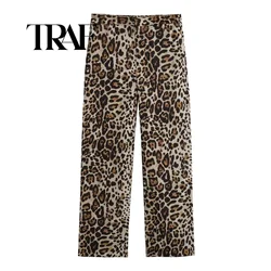 TRAF Leopard Pants Woman High Waist Baggy Pants Y2k Animal Print Elastic Waist Women Pants Straight Leg Trousers ﻿