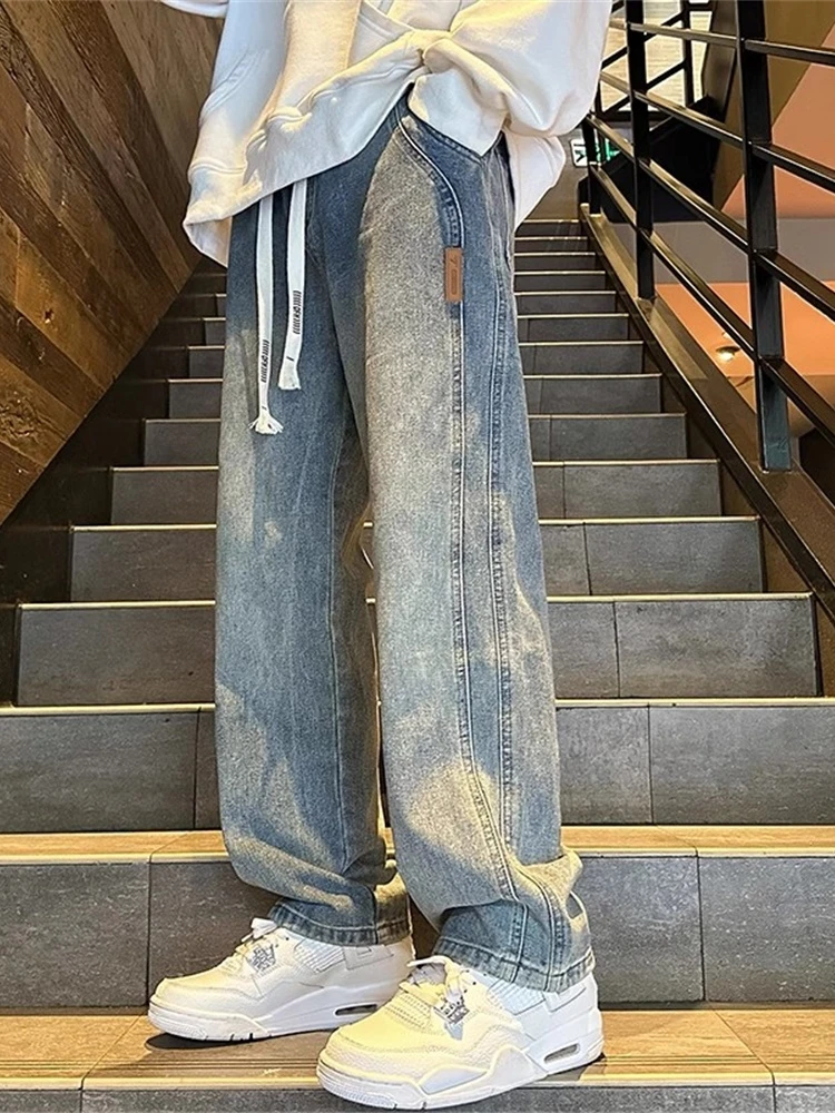 

Trendy Patchwork Straight Leg Jeans Men's American Vibe High Street Loose Wide Leg Pants Faionable Long Trousers