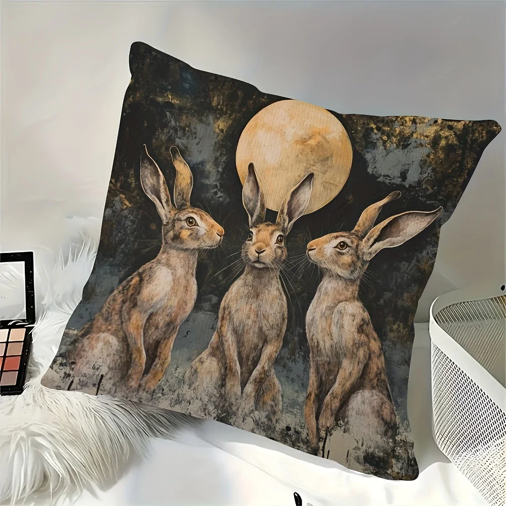 1pc Vintage Moon Hares Pillow Cover, Polyester 2-Side Print, Three Rabbits Under Full Moon Art, Woodland Animal Lover Gift