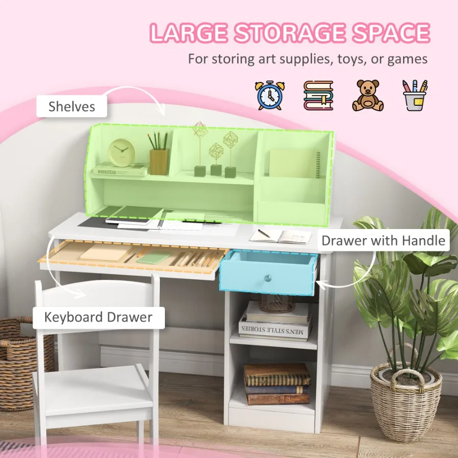 5-8세 어린이용 책상과 의자 세트, 수납공간이 있는 학습용 테이블과 의자, 화이트