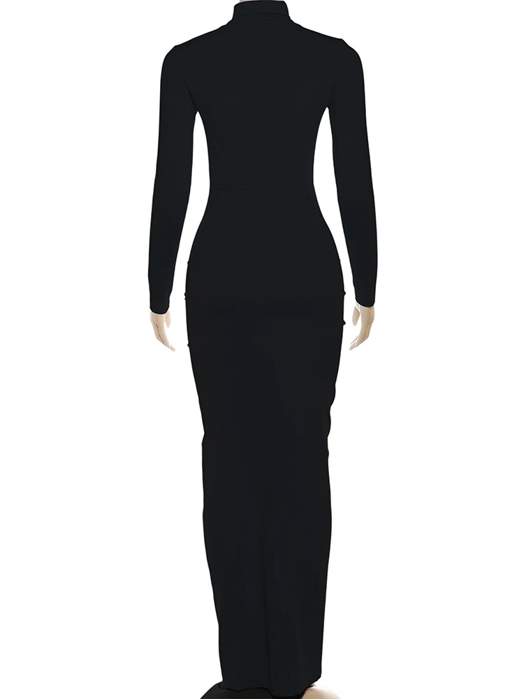 kliou Shirring Classic Women Maxi Dress High Street Autumn New Solid Turleneck Long Sleeve Bodycon Ladies Elegant Trend Vestidos