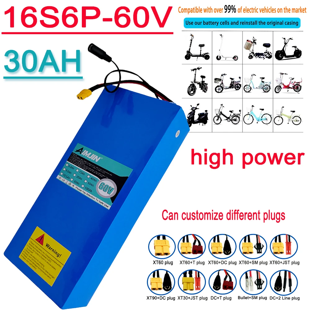 16S6P 60V 30Ah 18650 Li-ion Battery Pack Built‑in BMS High‑Power 0‑2000W Rechargeable Battery For Electric Scooter Motorcycle E‑