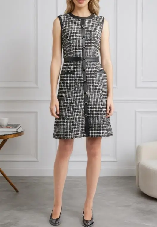 

Retro Thousand Bird Plaid Leather Border Dress Autumn/winter New Large Coarse Floral Vest A-Line Skirt