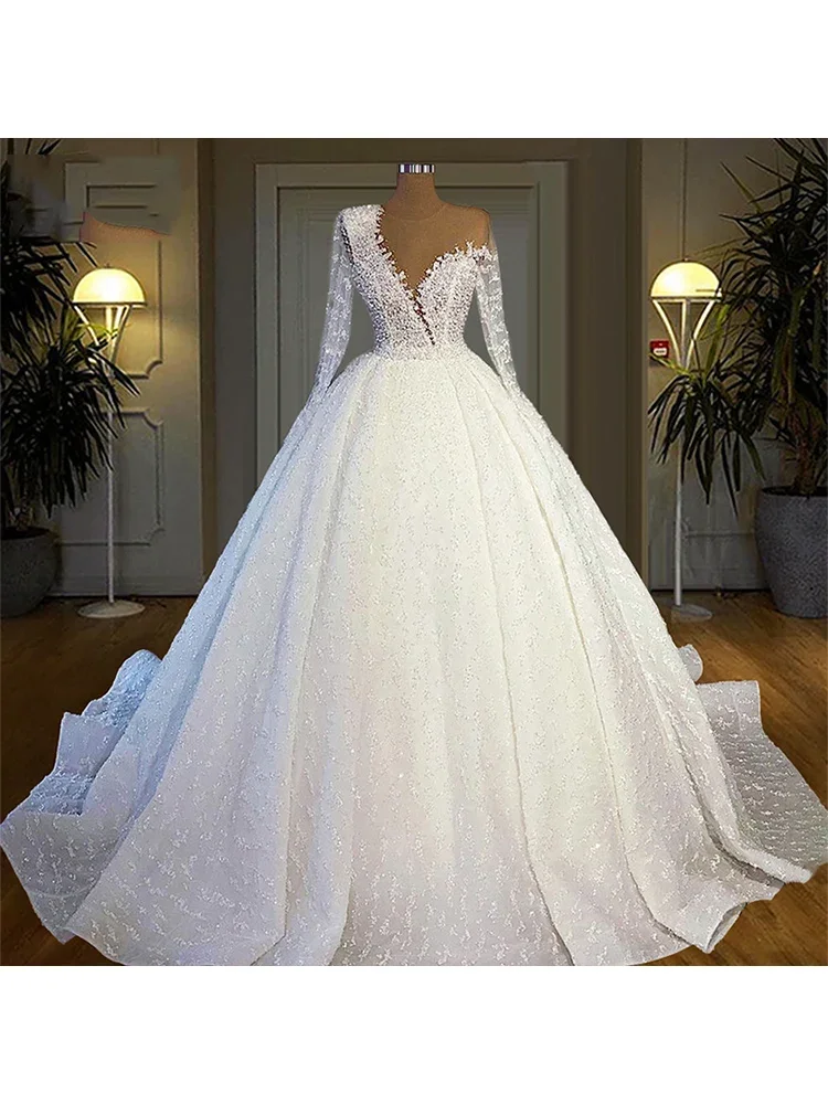 Customized Modern O-Neck Shinny Beads Sequins Ballgown Wedding Dress Sweep Train Long Sleeve Vestido De Casamento Puffy Brida