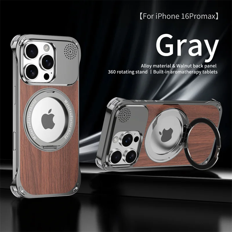 Metal MagSafe Walnut Phone Case for iPhone 16 15 14 Pro Max Borderless Aromatherapy Bumper 360 ° Rotating Bracket Magnetic Cover