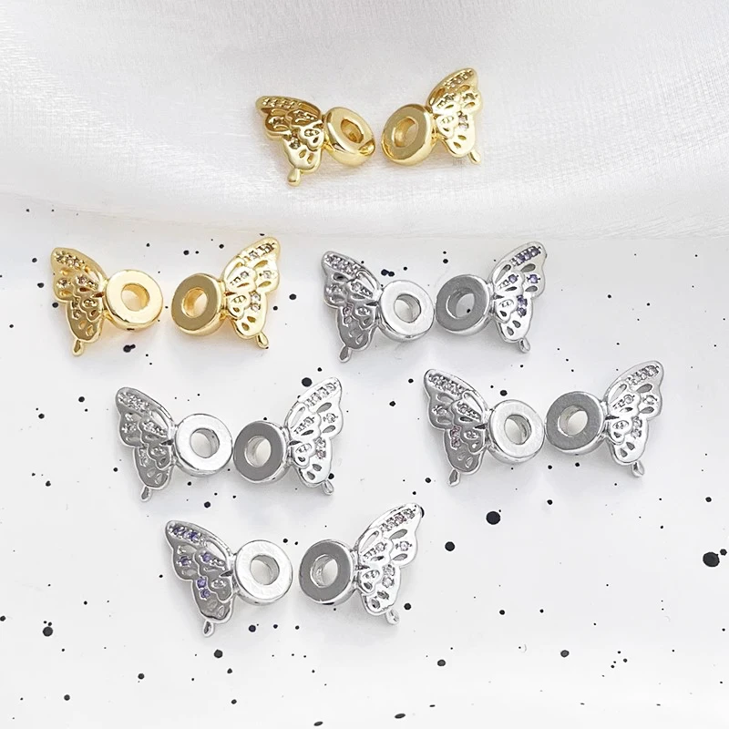 2 pair  Copper plated with genuine gold  Inlaid zircon  Butterfly wing beads  DIY makes necklace bracelet spacing accessories