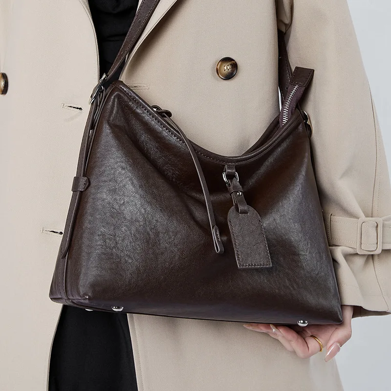 

Leather women's bag lazy style top layer vegetable tanned cowhide tote bag