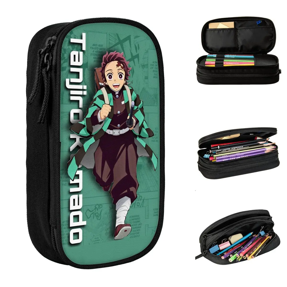 Demon Slayer Tanjiro Kamado Pencil Case Pen Holder Bags Kids Large Storage School Supplies Cosmetic Pencilcases