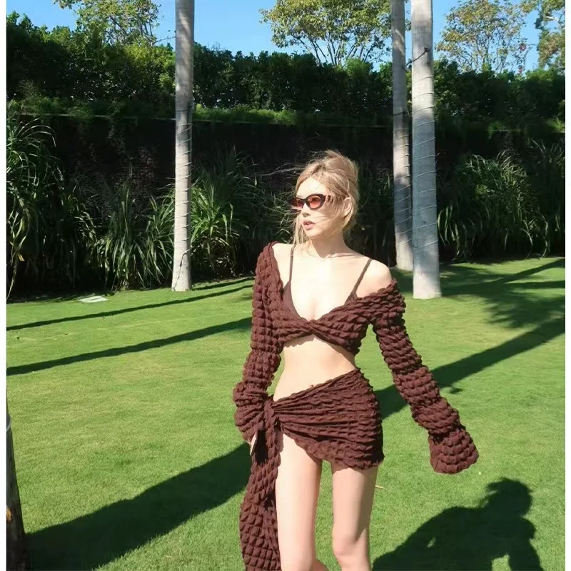 

Wisuwore Swimwear Ins Brown Bikini Cover Up Set 2023 New Skirt Set of Four Long Sleeve Sunscreen Sexy Spicy Girl Photo Swimwear