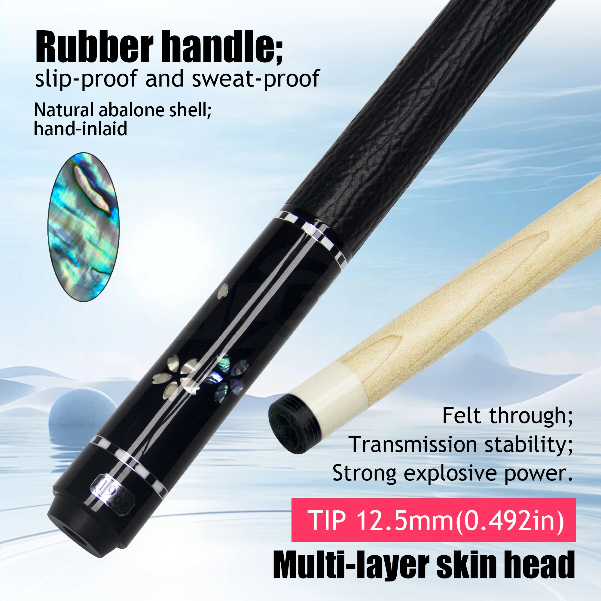 High-end Maple Wood Inlaid Pattern Pool Cue - 12.5mm Tip Uni-loc Joint Black Floral Pattern Billiard Stick