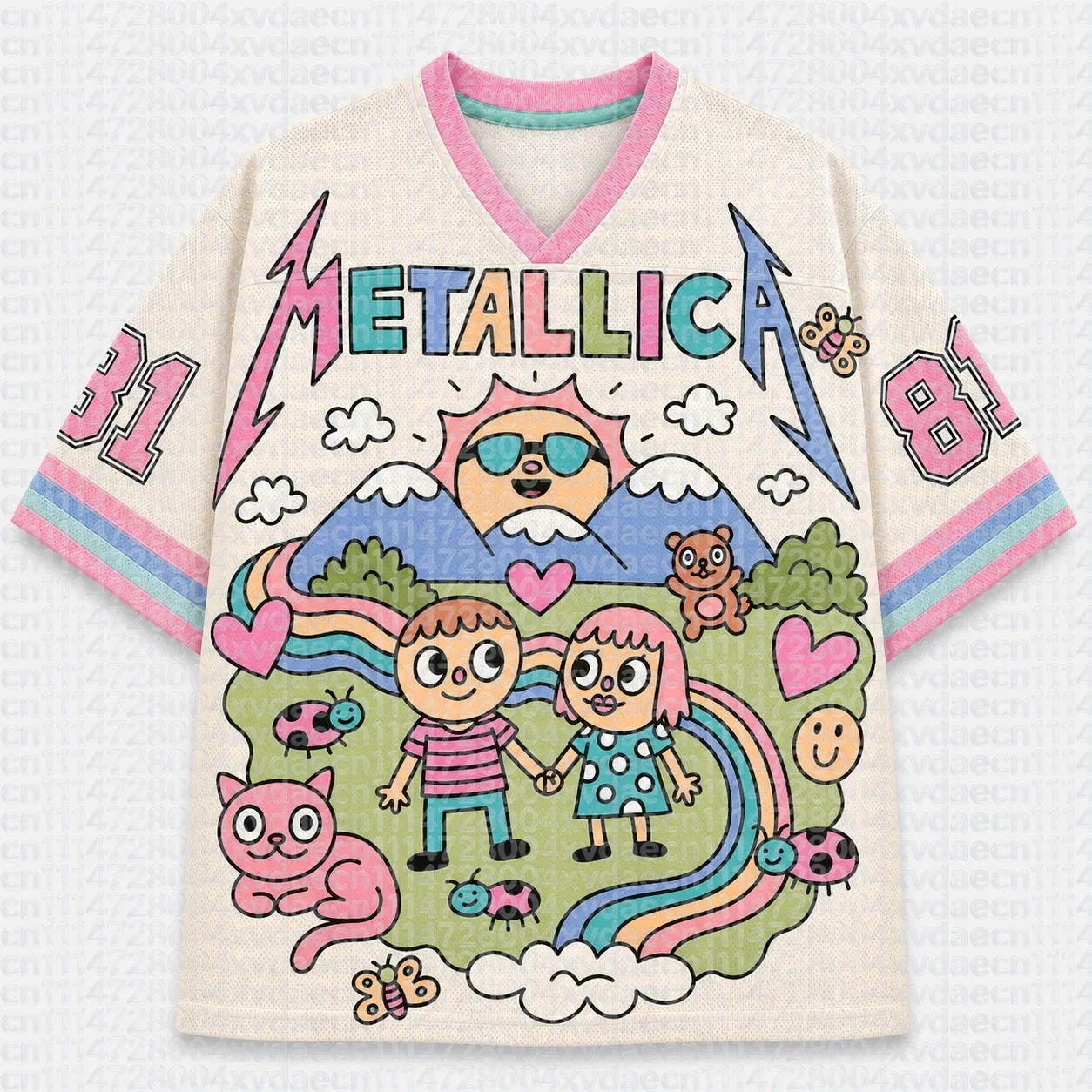 Cute Pastel Rock Band Fan Aesthetic Jersey, Rainbow Mountain Sun Cat Ladybug Couple Doodle 3D Print V-Neck Unisex Y2K Streetwear