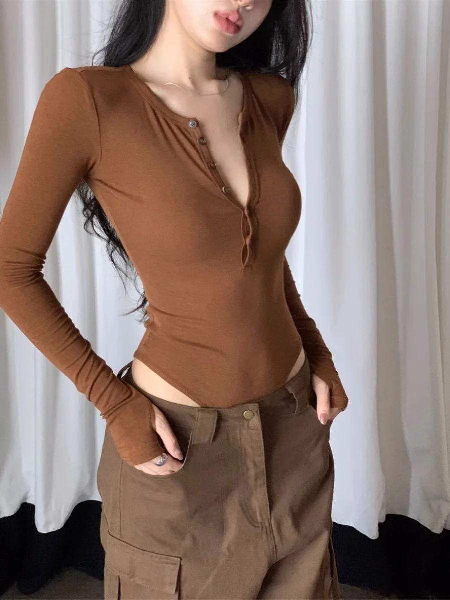 Camiseta Larga de Punto Estilo Americano Retro para Mujer, Sexy, Elástica, Ajustada, de una Sola Pieza, Color Puro, para Otoño