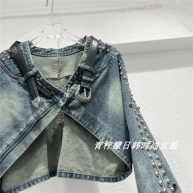 2025 Autumn New Heavy Industry Bead Rivet Design Sense Cardigan Lapel Long Sleeve Hot Denim Fashion Jacket For Women