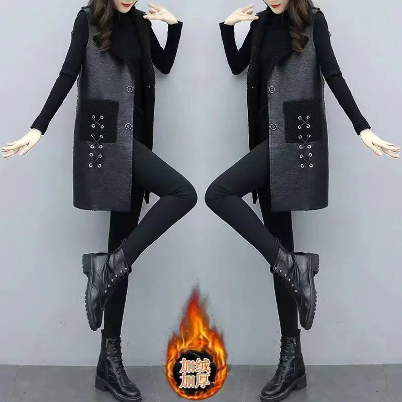 5XL Large Size Vests 2023 Autumn Winter New PU Leather Patchwork Lambwool Sleeveless Jacket Women Korean Slim Female Waistcoat