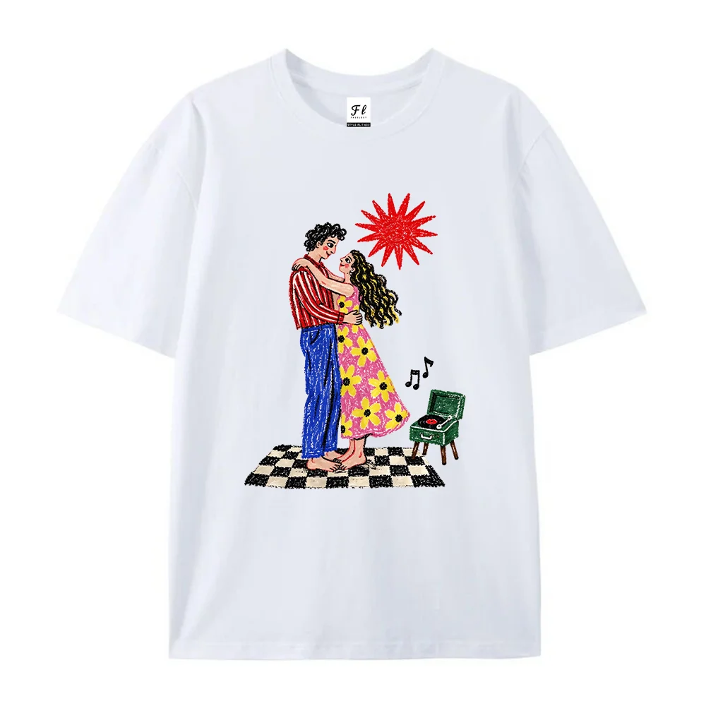 Women Dancing Couple Record Player Print T Shirt Retro Romance Graphic Tee Summer Short Sleeve Top Casual Streetwear Fashion