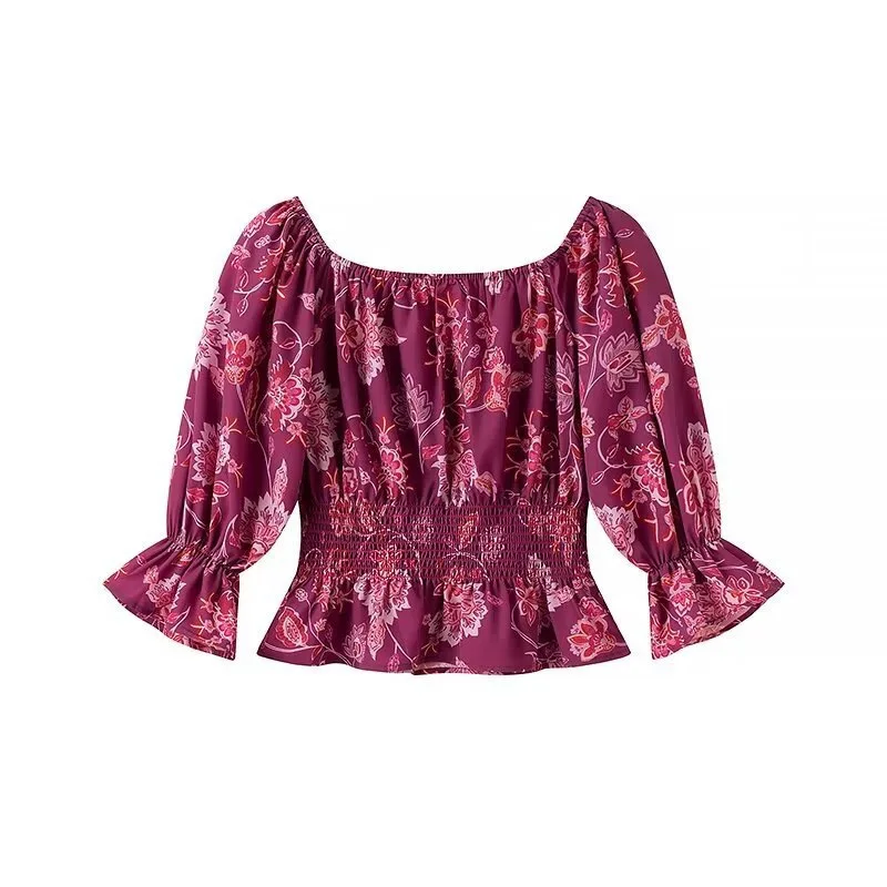 Women's Fashion Printed Off-Shoulder Rose Red Long Sleeve Shirt Printed Floral Top And High Slit Skirt Elegant Party Outfit JW22 view 4