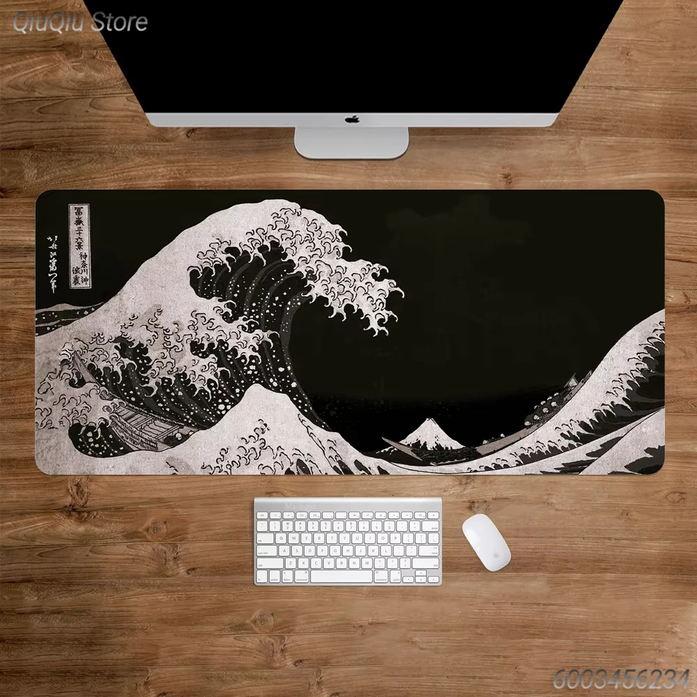 

1PC Black The Great Wave Off Kanagawa Print Large Lock Edge Non-Slip Rubber Desk Mat for Gaming Office