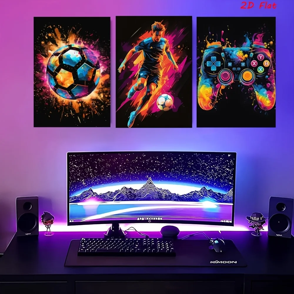 （Noframe 3PCS)-3pcs Vibrant Soccer Canvas Wall Art - Frameless, Dynamic Splatter Ink Print, Modern Aesthetic Poster for Bedro