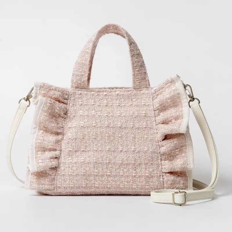 Sweet Ruffle Trim Thick Tweed Handbag Crossbody Shoulder Bag Limited Edition Magazine Appendix Casual Chic Style for Youth Women