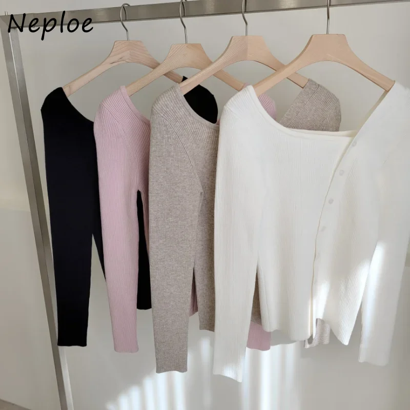 Neploe Square Collar Solid Color Long Sleeve Outerwear Off-shoulder Single-breasted Sweater Autumn Winter Vintage Cardigan Women