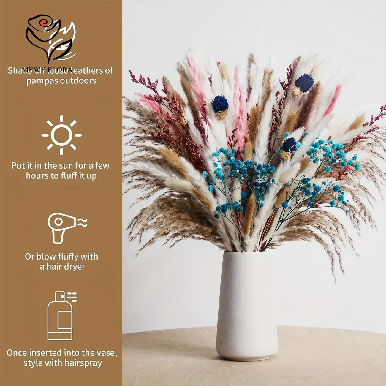 85Pcs Boho Chic Blue Pampas Grass Bouquet Natural Dried Flowers for Home Wedding Decor Valentine's Day Girlfriend Gift Bouquets