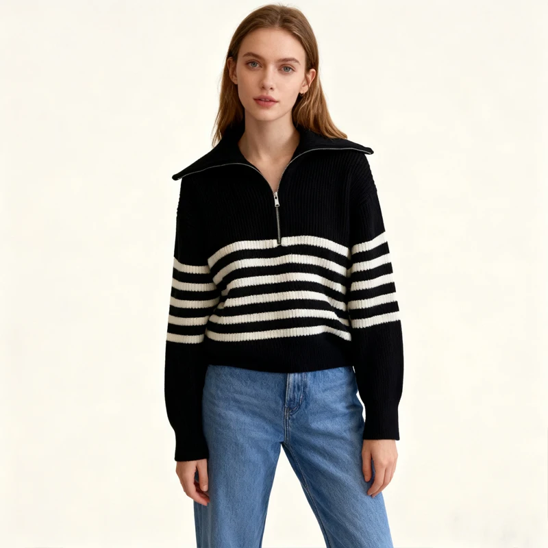 

Осенний женский элегантный свободный полосатый пуловер с лацканами на полумолнии, повседневный вязаный свитер с длинными рукавами, модный женский трикотаж
