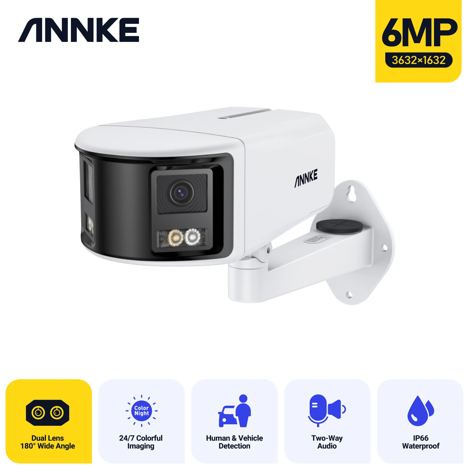 

ANNKE 6MP DUO POE Dual Lens 180° Fixed Bullet Network Camera Two way audio CCTV Camera AI Human Detect,6MP Security Camera,