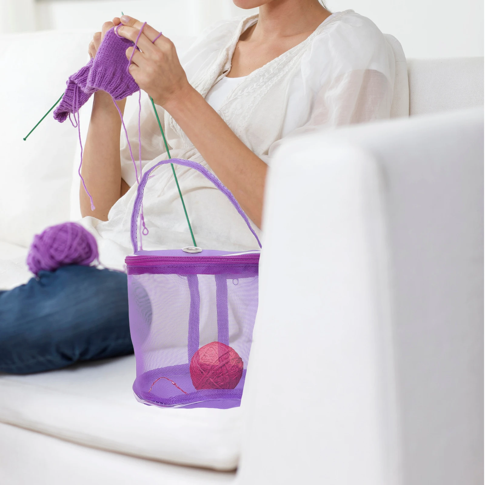 

2pcs Knitting Tool Storage Bag Yarn Organizer Tote Portable Ball Keeper with Hole Woolen Yarn Pouch Mesh Design for Embroidery