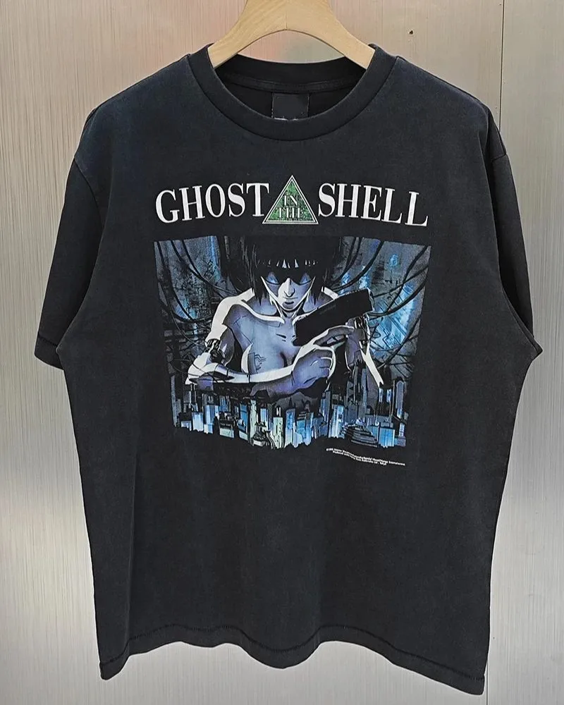 Ghost in The Shell Motoko Kusanagi Anime Graphic T-shirt Vintage Washed Manga Merch Harajuku Unisex Oversized Sleeve Tee Tops