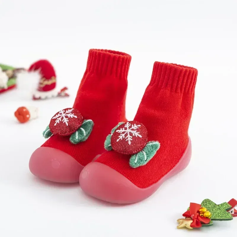 Baby Toddler Shoes Boys Girls Infant First Walker Children Red Cartoon New Year Soft Rubber Sole Socks Knit Anti-slip Shoes