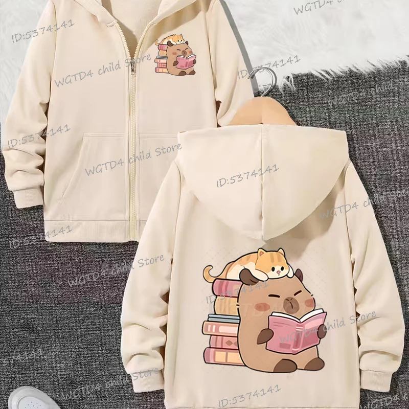 

Cartoon Cat & Capybara Graphic Hoodie Jacket Baby Girl Boy Cute Capybara Reading Zipper Hoodie Animal Lover Children Clothes
