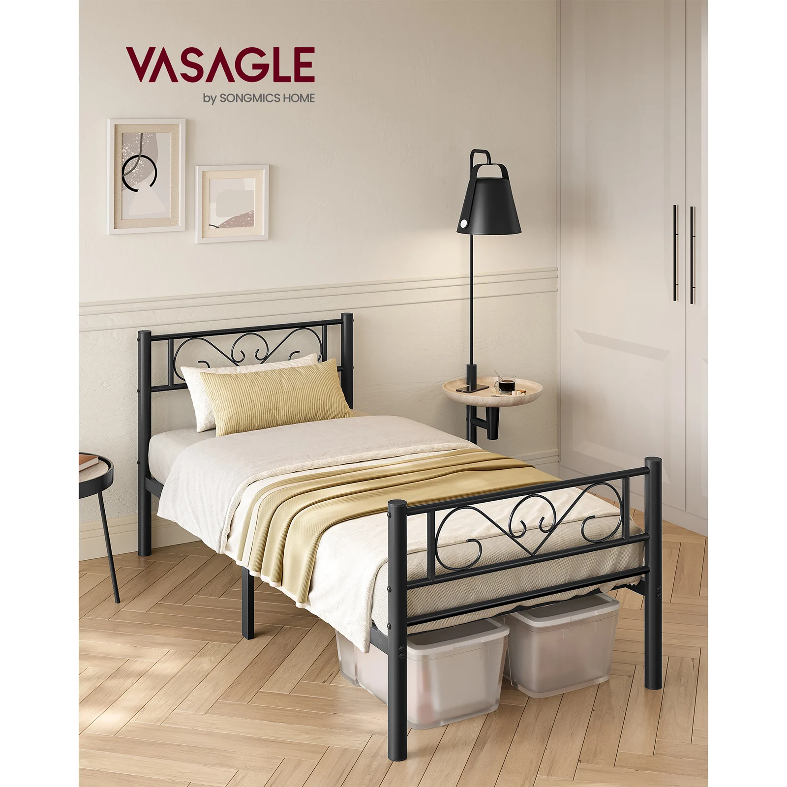 VASAGLE Metal Single Bed Frame for 90x190 cm Mattress, Easy Assembly, Ideal for Small Spaces, Guest Room, Black Finish.