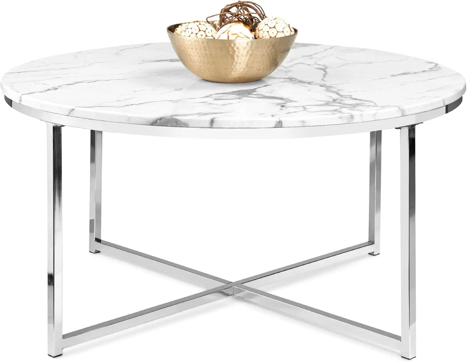 36in Faux Marble Accent Table, Modern, Large End Table Home Decor for Living Room,  Coffee W/Metal Frame, White/Chrome HOT