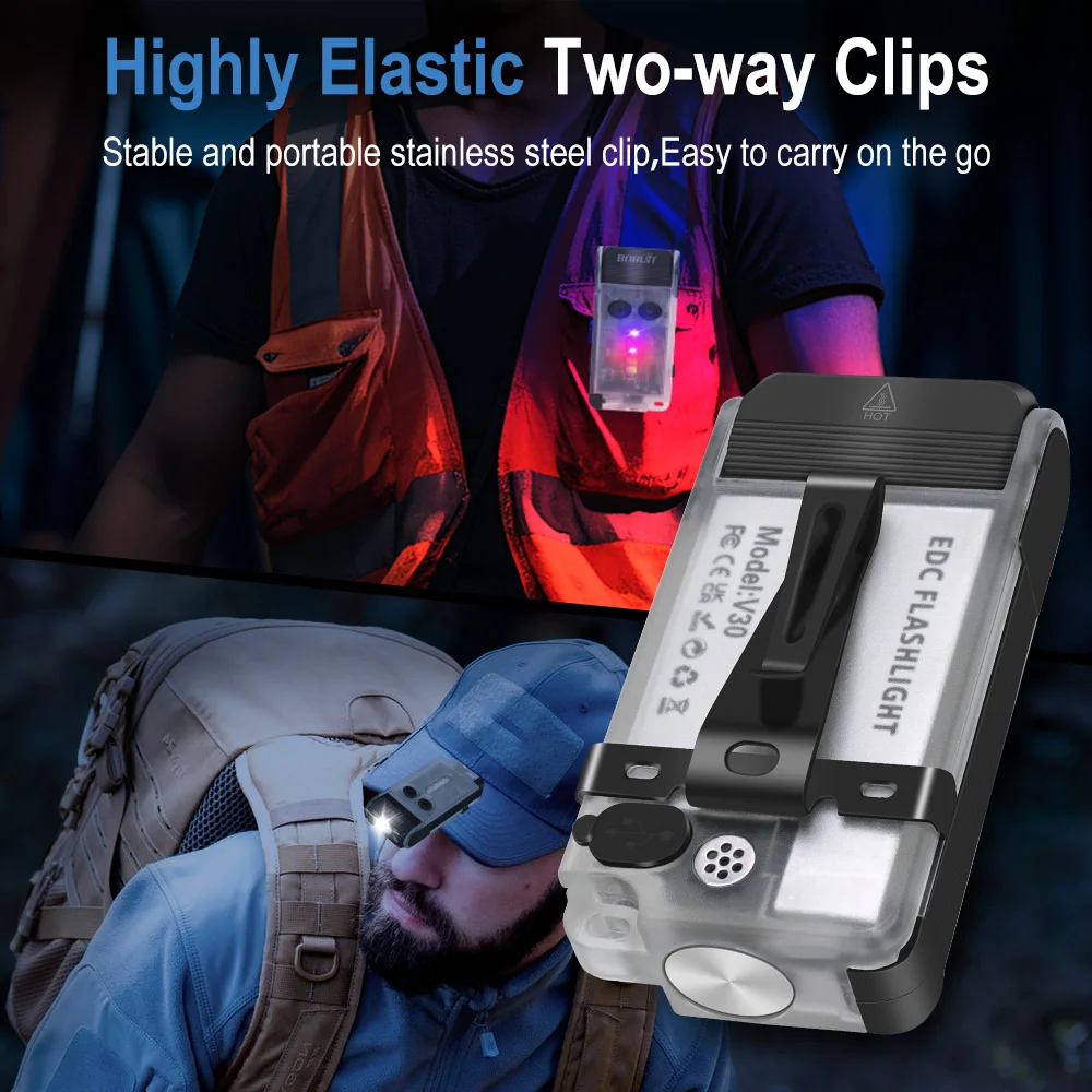 BORUiT V30 EDC LED Flashlight Keychain Power bank UV Magnetic Beep Clip USB-C Rechargeable Camping Fishing Torch Alarm Emergency