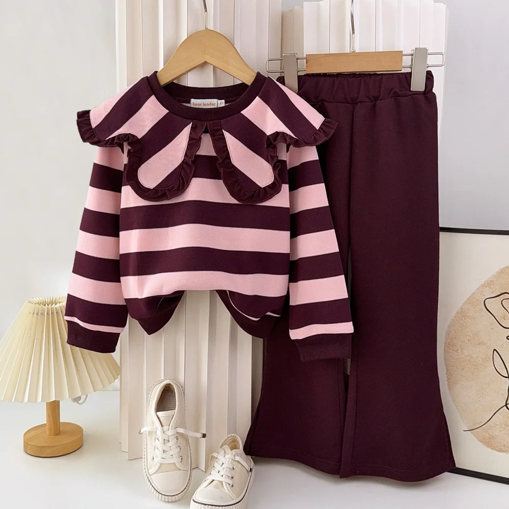 Autumn New Long Sleeved Striped Top + Solid Color Pants 2-piece Set Korean Style Girls Casual Clothes 3 4 5 6 7 Years Old