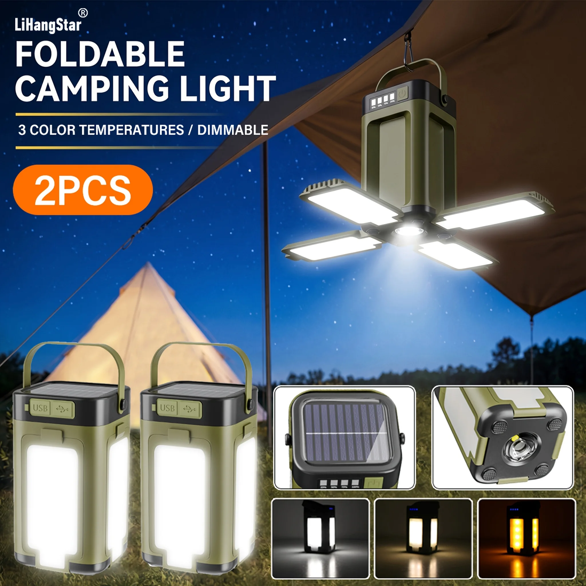 Set da 2 lampade da campeggio pieghevoli per esterni, torcia portatile ricaricabile, torcia da tenere in mano, lampada da tenda con gancio per appenderla, ricarica solare, sei modalità di