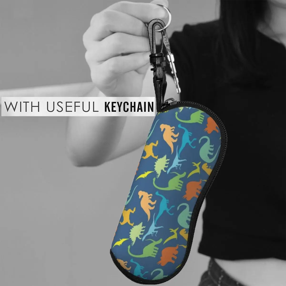 

Colorful Dinosaurs Horizontal Glasses Case Dinosaur Silhouette Key Chain Men Women Sunglasses Pouch Travel Trend Eyewear Bag