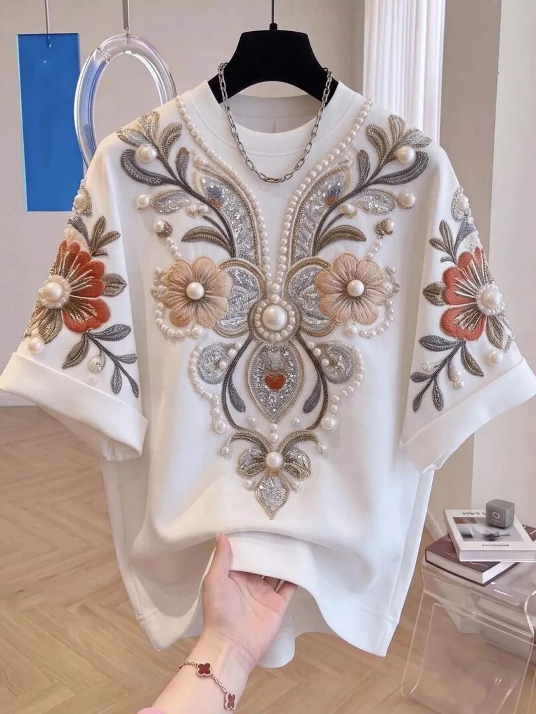 Elegant Floral Print Heavyweight T-Shirt Women's Premium Fashion Korean Style Casual Summer Top round Neck Short Sleeve